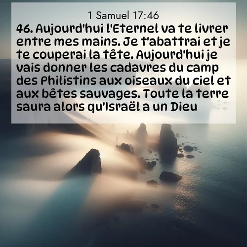 Segond21 1 Samuel  ; image nature: image avec le verset biblique :Aujourd&#039;hui l&#039;Eternel va te livrer entre mes mains. Je t&#039;abattrai et je te couperai la tête. Aujourd&#039;hui je vais donner les cadavres du camp des Philistins aux oiseaux du ciel et aux bêtes sauvages. Toute la terre saura alors qu&#039;Israël a un Dieu, ;  ; 17:46