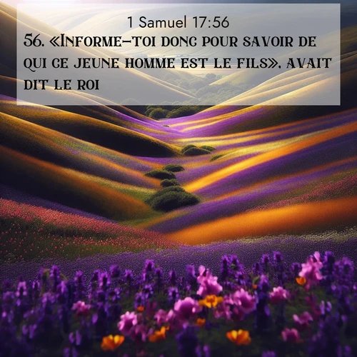 Segond21 1 Samuel  ; image nature: image avec le verset biblique :«Informe-toi donc pour savoir de qui ce jeune homme est le fils», avait dit le roi. ;  ; 17:56