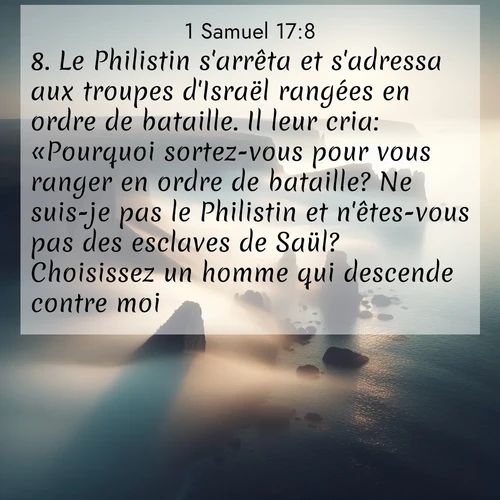 Segond21 1 Samuel  ; image nature: image avec le verset biblique :Le Philistin s&#039;arrêta et s&#039;adressa aux troupes d&#039;Israël rangées en ordre de bataille. Il leur cria: «Pourquoi sortez-vous pour vous ranger en ordre de bataille? Ne suis-je pas le Philistin et n&#039;êtes-vous pas des esclaves de Saül? Choisissez un homme qui descende contre moi! ;  ; 17:8