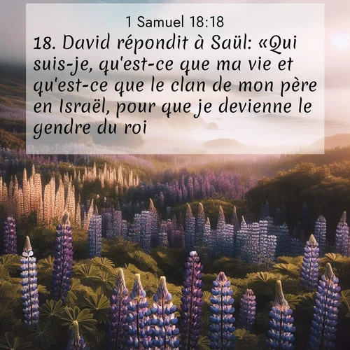 Segond21 1 Samuel  ; image nature: image avec le verset biblique :David répondit à Saül: «Qui suis-je, qu&#039;est-ce que ma vie et qu&#039;est-ce que le clan de mon père en Israël, pour que je devienne le gendre du roi?» ;  ; 18:18