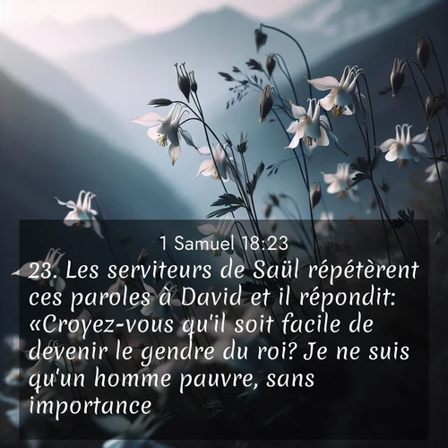 Segond21 1 Samuel  ; image nature: image avec le verset biblique :Les serviteurs de Saül répétèrent ces paroles à David et il répondit: «Croyez-vous qu&#039;il soit facile de devenir le gendre du roi? Je ne suis qu&#039;un homme pauvre, sans importance.» ;  ; 18:23