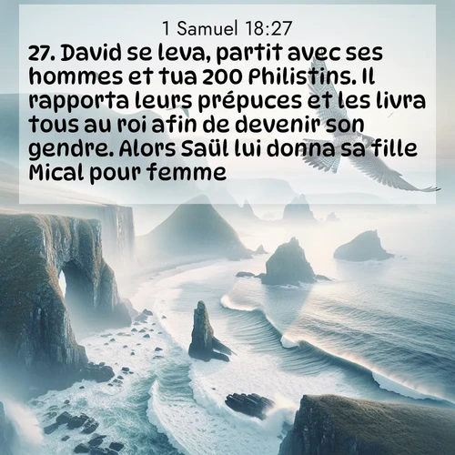 Segond21 1 Samuel  ; image nature: image avec le verset biblique :David se leva, partit avec ses hommes et tua 200 Philistins. Il rapporta leurs prépuces et les livra tous au roi afin de devenir son gendre. Alors Saül lui donna sa fille Mical pour femme. ;  ; 18:27
