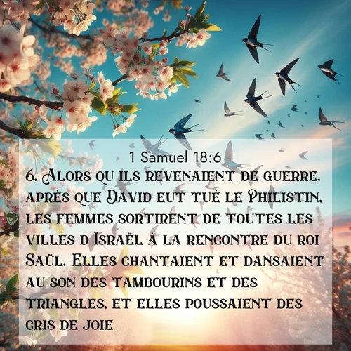 Segond21 1 Samuel  ; image nature: image avec le verset biblique :Alors qu&#039;ils revenaient de guerre, après que David eut tué le Philistin, les femmes sortirent de toutes les villes d&#039;Israël à la rencontre du roi Saül. Elles chantaient et dansaient au son des tambourins et des triangles, et elles poussaient des cris de joie. ;  ; 18:6
