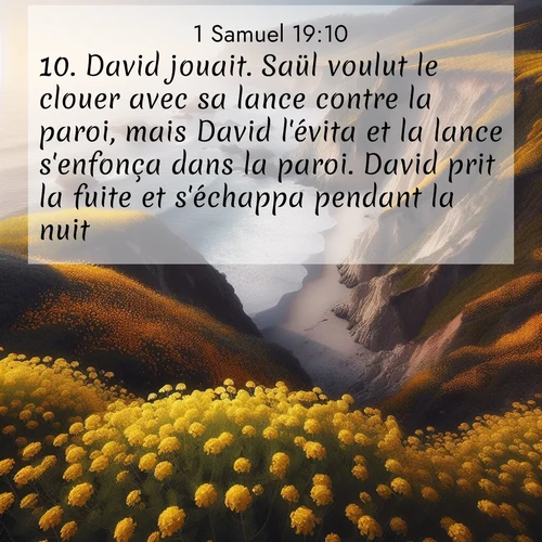 Segond21 1 Samuel  ; image nature: image avec le verset biblique :David jouait. Saül voulut le clouer avec sa lance contre la paroi, mais David l&#039;évita et la lance s&#039;enfonça dans la paroi. David prit la fuite et s&#039;échappa pendant la nuit. ;  ; 19:10