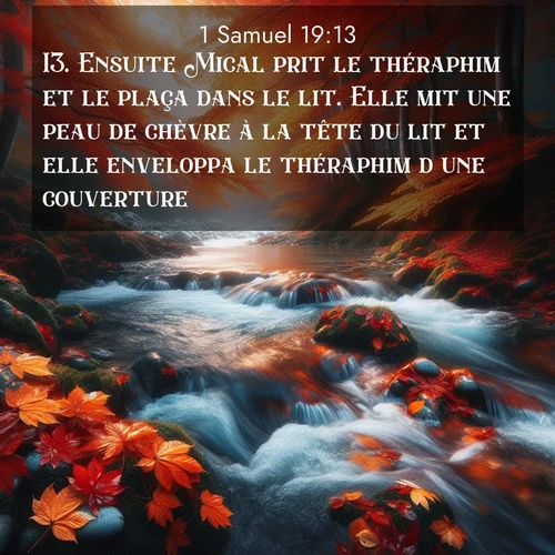 Segond21 1 Samuel  ; image nature: image avec le verset biblique :Ensuite Mical prit le théraphim et le plaça dans le lit. Elle mit une peau de chèvre à la tête du lit et elle enveloppa le théraphim d&#039;une couverture. ;  ; 19:13