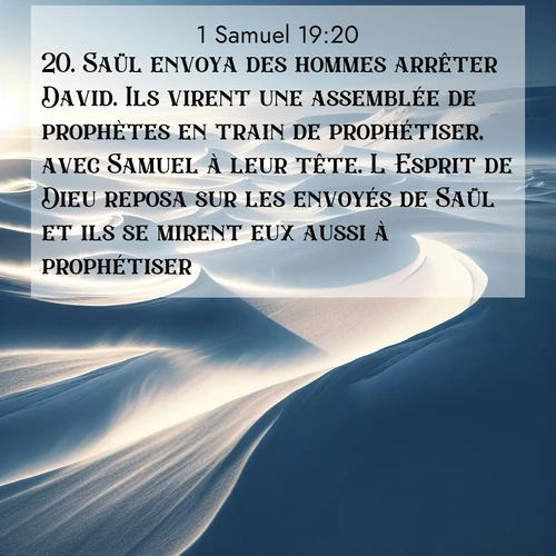 Segond21 1 Samuel  ; image nature: image avec le verset biblique :Saül envoya des hommes arrêter David. Ils virent une assemblée de prophètes en train de prophétiser, avec Samuel à leur tête. L&#039;Esprit de Dieu reposa sur les envoyés de Saül et ils se mirent eux aussi à prophétiser. ;  ; 19:20