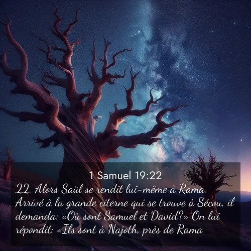 Segond21 1 Samuel  ; image nature: image avec le verset biblique :Alors Saül se rendit lui-même à Rama. Arrivé à la grande citerne qui se trouve à Sécou, il demanda: «Où sont Samuel et David?» On lui répondit: «Ils sont à Najoth, près de Rama.» ;  ; 19:22
