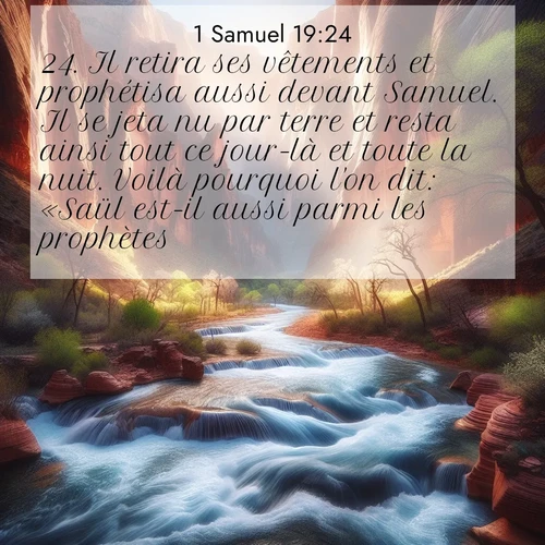 Segond21 1 Samuel  ; image nature: image avec le verset biblique :Il retira ses vêtements et prophétisa aussi devant Samuel. Il se jeta nu par terre et resta ainsi tout ce jour-là et toute la nuit. Voilà pourquoi l&#039;on dit: «Saül est-il aussi parmi les prophètes?» ;  ; 19:24