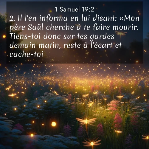 Segond21 1 Samuel  ; image nature: image avec le verset biblique :Il l&#039;en informa en lui disant: «Mon père Saül cherche à te faire mourir. Tiens-toi donc sur tes gardes demain matin, reste à l&#039;écart et cache-toi. ;  ; 19:2