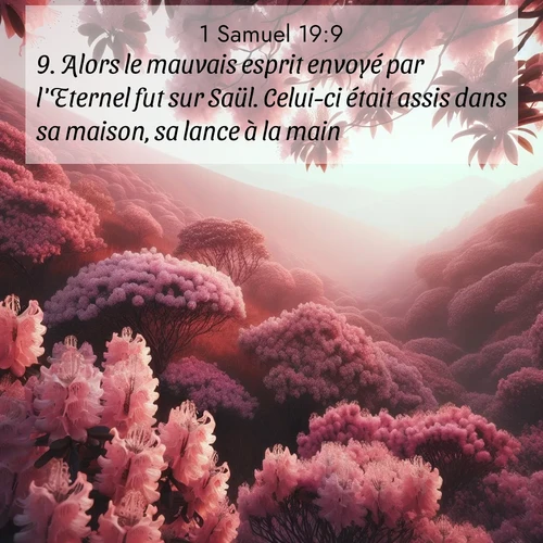 Segond21 1 Samuel  ; image nature: image avec le verset biblique :Alors le mauvais esprit envoyé par l&#039;Eternel fut sur Saül. Celui-ci était assis dans sa maison, sa lance à la main. ;  ; 19:9