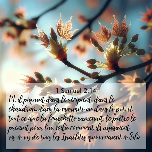 Segond21 1 Samuel  ; image nature: image avec le verset biblique :il piquait dans le récipient, dans le chaudron, dans la marmite ou dans le pot, et tout ce que la fourchette ramenait, le prêtre le prenait pour lui. Voilà comment ils agissaient vis-à-vis de tous les Israélites qui venaient à Silo. ;  ; 2:14