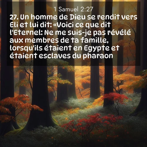 Segond21 1 Samuel  ; image nature: image avec le verset biblique :Un homme de Dieu se rendit vers Eli et lui dit: «Voici ce que dit l&#039;Eternel: Ne me suis-je pas révélé aux membres de ta famille, lorsqu&#039;ils étaient en Egypte et étaient esclaves du pharaon? ;  ; 2:27