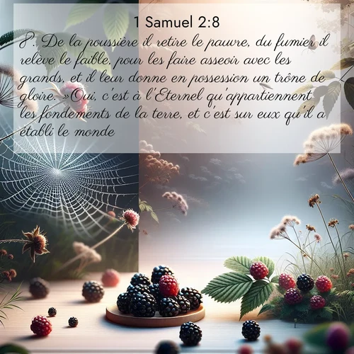 Segond21 1 Samuel  ; image nature: image avec le verset biblique :De la poussière il retire le pauvre, du fumier il relève le faible, pour les faire asseoir avec les grands, et il leur donne en possession un trône de gloire. »Oui, c&#039;est à l&#039;Eternel qu&#039;appartiennent les fondements de la terre, et c&#039;est sur eux qu&#039;il a établi le monde. ;  ; 2:8