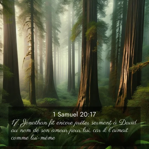 Segond21 1 Samuel  ; image nature: image avec le verset biblique :Jonathan fit encore prêter serment à David au nom de son amour pour lui, car il l&#039;aimait comme lui-même. ;  ; 20:17