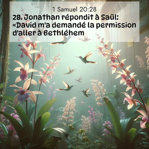 Segond21 1 Samuel  ; image nature: image avec le verset biblique :Jonathan répondit à Saül: «David m&#039;a demandé la permission d&#039;aller à Bethléhem. ;  ; 20:28