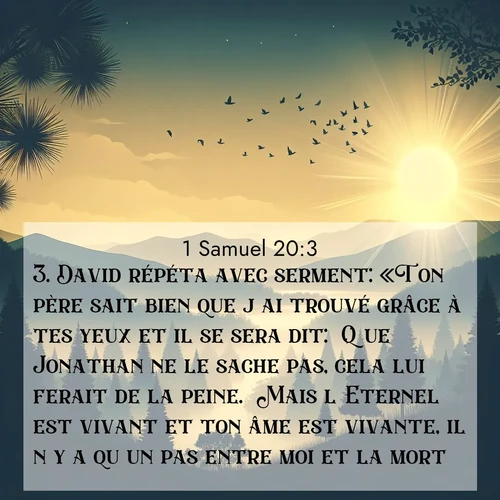 Segond21 1 Samuel  ; image nature: image avec le verset biblique :David répéta avec serment: «Ton père sait bien que j&#039;ai trouvé grâce à tes yeux et il se sera dit: &#039;Que Jonathan ne le sache pas, cela lui ferait de la peine.&#039; Mais l&#039;Eternel est vivant et ton âme est vivante, il n&#039;y a qu&#039;un pas entre moi et la mort.» ;  ; 20:3