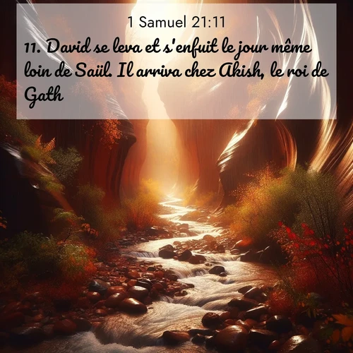 Segond21 1 Samuel  ; image nature: image avec le verset biblique :David se leva et s&#039;enfuit le jour même loin de Saül. Il arriva chez Akish, le roi de Gath. ;  ; 21:11