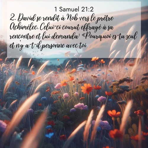 Segond21 1 Samuel  ; image nature: image avec le verset biblique :David se rendit à Nob vers le prêtre Achimélec. Celui-ci courut effrayé à sa rencontre et lui demanda: «Pourquoi es-tu seul et n&#039;y a-t-il personne avec toi?» ;  ; 21:2