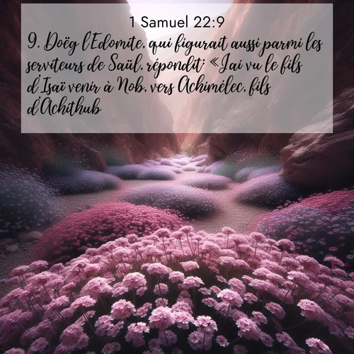 Segond21 1 Samuel  ; image nature: image avec le verset biblique :Doëg l&#039;Edomite, qui figurait aussi parmi les serviteurs de Saül, répondit: «J&#039;ai vu le fils d&#039;Isaï venir à Nob, vers Achimélec, fils d&#039;Achithub. ;  ; 22:9