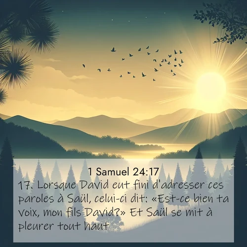 Segond21 1 Samuel  ; image nature: image avec le verset biblique :Lorsque David eut fini d&#039;adresser ces paroles à Saül, celui-ci dit: «Est-ce bien ta voix, mon fils David?» Et Saül se mit à pleurer tout haut. ;  ; 24:17