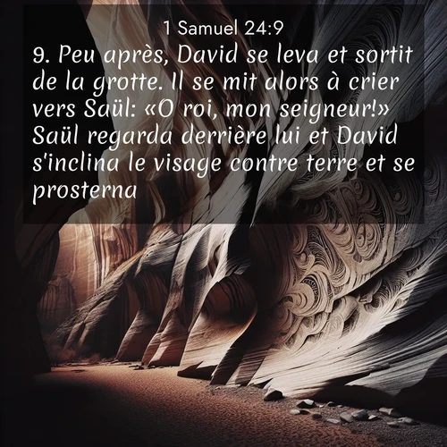 Segond21 1 Samuel  ; image nature: image avec le verset biblique :Peu après, David se leva et sortit de la grotte. Il se mit alors à crier vers Saül: «O roi, mon seigneur!» Saül regarda derrière lui et David s&#039;inclina le visage contre terre et se prosterna. ;  ; 24:9