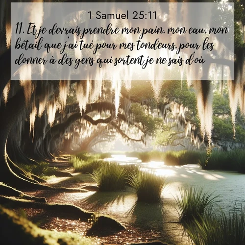 Segond21 1 Samuel  ; image nature: image avec le verset biblique :Et je devrais prendre mon pain, mon eau, mon bétail que j&#039;ai tué pour mes tondeurs, pour les donner à des gens qui sortent je ne sais d&#039;où?» ;  ; 25:11