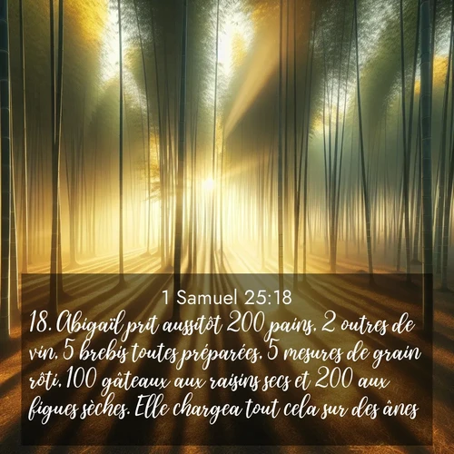 Segond21 1 Samuel  ; image nature: image avec le verset biblique :Abigaïl prit aussitôt 200 pains, 2 outres de vin, 5 brebis toutes préparées, 5 mesures de grain rôti, 100 gâteaux aux raisins secs et 200 aux figues sèches. Elle chargea tout cela sur des ânes ;  ; 25:18