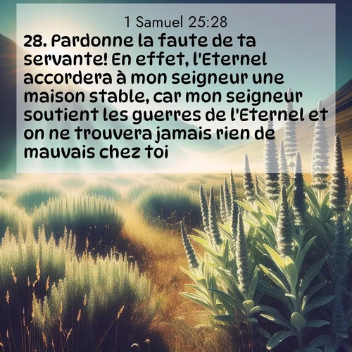 Segond21 1 Samuel  ; image nature: image avec le verset biblique :Pardonne la faute de ta servante! En effet, l&#039;Eternel accordera à mon seigneur une maison stable, car mon seigneur soutient les guerres de l&#039;Eternel et on ne trouvera jamais rien de mauvais chez toi. ;  ; 25:28