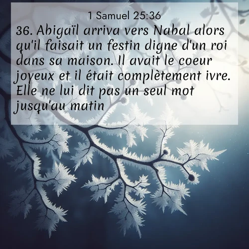 Segond21 1 Samuel  ; image nature: image avec le verset biblique :Abigaïl arriva vers Nabal alors qu&#039;il faisait un festin digne d&#039;un roi dans sa maison. Il avait le coeur joyeux et il était complètement ivre. Elle ne lui dit pas un seul mot jusqu&#039;au matin. ;  ; 25:36