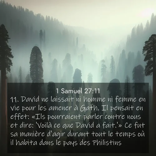 Segond21 1 Samuel  ; image nature: image avec le verset biblique :David ne laissait ni homme ni femme en vie pour les amener à Gath. Il pensait en effet: «Ils pourraient parler contre nous et dire: &#039;Voilà ce que David a fait.&#039;» Ce fut sa manière d&#039;agir durant tout le temps où il habita dans le pays des Philistins. ;  ; 27:11