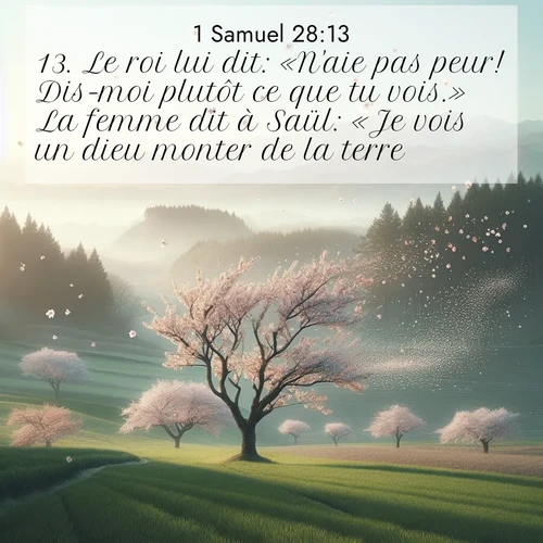 Segond21 1 Samuel  ; image nature: image avec le verset biblique :Le roi lui dit: «N&#039;aie pas peur! Dis-moi plutôt ce que tu vois.» La femme dit à Saül: «Je vois un dieu monter de la terre.» ;  ; 28:13