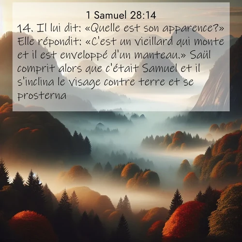 Segond21 1 Samuel  ; image nature: image avec le verset biblique :Il lui dit: «Quelle est son apparence?» Elle répondit: «C&#039;est un vieillard qui monte et il est enveloppé d&#039;un manteau.» Saül comprit alors que c&#039;était Samuel et il s&#039;inclina le visage contre terre et se prosterna. ;  ; 28:14