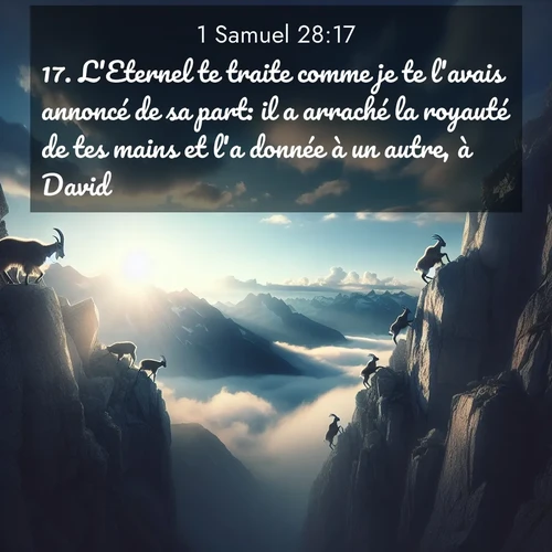 Segond21 1 Samuel  ; image nature: image avec le verset biblique :L&#039;Eternel te traite comme je te l&#039;avais annoncé de sa part: il a arraché la royauté de tes mains et l&#039;a donnée à un autre, à David. ;  ; 28:17