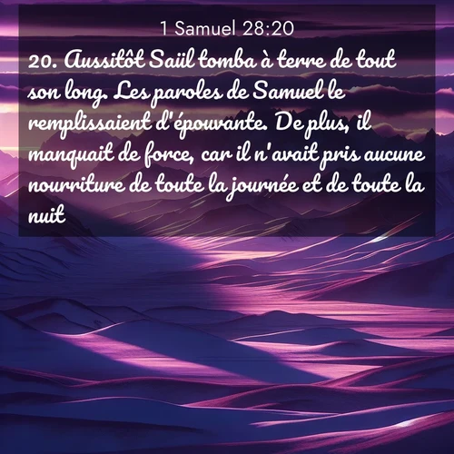 Segond21 1 Samuel  ; image nature: image avec le verset biblique :Aussitôt Saül tomba à terre de tout son long. Les paroles de Samuel le remplissaient d&#039;épouvante. De plus, il manquait de force, car il n&#039;avait pris aucune nourriture de toute la journée et de toute la nuit. ;  ; 28:20