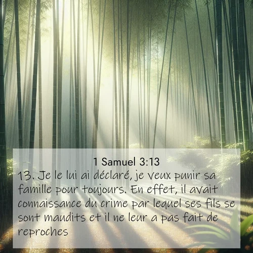 Segond21 1 Samuel  ; image nature: image avec le verset biblique :Je le lui ai déclaré, je veux punir sa famille pour toujours. En effet, il avait connaissance du crime par lequel ses fils se sont maudits et il ne leur a pas fait de reproches. ;  ; 3:13