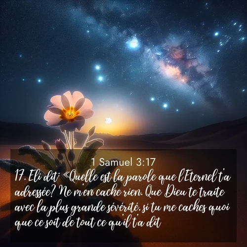 Segond21 1 Samuel  ; image nature: image avec le verset biblique :Eli dit: «Quelle est la parole que l&#039;Eternel t&#039;a adressée? Ne m&#039;en cache rien. Que Dieu te traite avec la plus grande sévérité, si tu me caches quoi que ce soit de tout ce qu&#039;il t&#039;a dit!» ;  ; 3:17