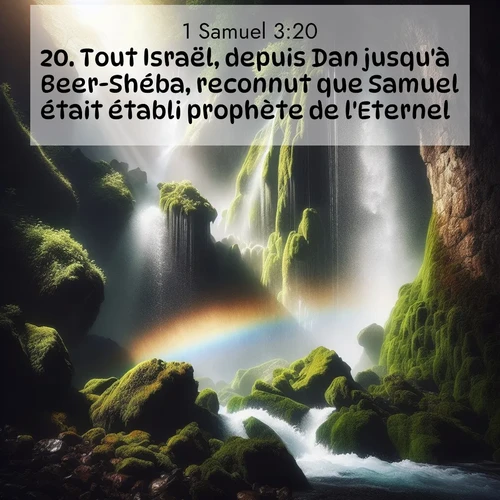 Segond21 1 Samuel  ; image nature: image avec le verset biblique :Tout Israël, depuis Dan jusqu&#039;à Beer-Shéba, reconnut que Samuel était établi prophète de l&#039;Eternel. ;  ; 3:20