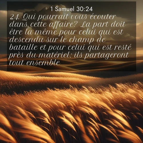 Segond21 1 Samuel  ; image nature: image avec le verset biblique :Qui pourrait vous écouter dans cette affaire? La part doit être la même pour celui qui est descendu sur le champ de bataille et pour celui qui est resté près du matériel: ils partageront tout ensemble.» ;  ; 30:24