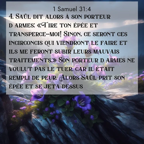 Segond21 1 Samuel  ; image nature: image avec le verset biblique :Saül dit alors à son porteur d&#039;armes: «Tire ton épée et transperce-moi! Sinon, ce seront ces incirconcis qui viendront le faire et ils me feront subir leurs mauvais traitements.» Son porteur d&#039;armes ne voulut pas le tuer, car il était rempli de peur. Alors Saül prit son épée et se jeta dessus. ;  ; 31:4