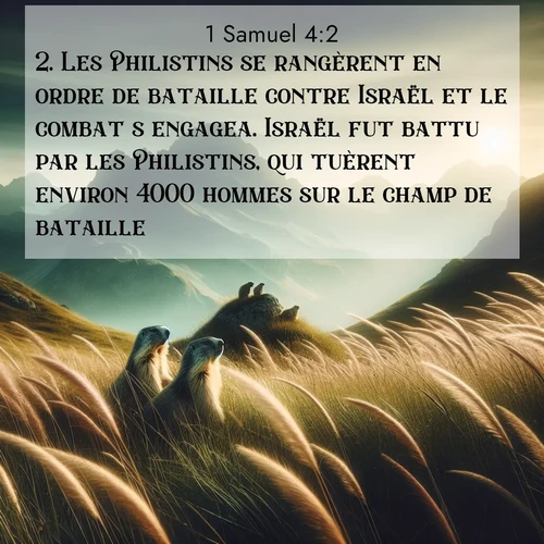 Segond21 1 Samuel  ; image nature: image avec le verset biblique :Les Philistins se rangèrent en ordre de bataille contre Israël et le combat s&#039;engagea. Israël fut battu par les Philistins, qui tuèrent environ 4000 hommes sur le champ de bataille. ;  ; 4:2