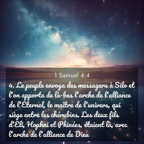 Segond21 1 Samuel  ; image nature: image avec le verset biblique :Le peuple envoya des messagers à Silo et l&#039;on apporta de là-bas l&#039;arche de l&#039;alliance de l&#039;Eternel, le maître de l&#039;univers, qui siège entre les chérubins. Les deux fils d&#039;Eli, Hophni et Phinées, étaient là, avec l&#039;arche de l&#039;alliance de Dieu. ;  ; 4:4