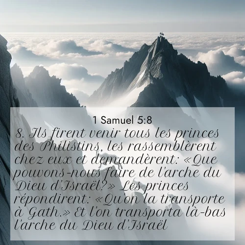 Segond21 1 Samuel  ; image nature: image avec le verset biblique :Ils firent venir tous les princes des Philistins, les rassemblèrent chez eux et demandèrent: «Que pouvons-nous faire de l&#039;arche du Dieu d&#039;Israël?» Les princes répondirent: «Qu&#039;on la transporte à Gath.» Et l&#039;on transporta là-bas l&#039;arche du Dieu d&#039;Israël. ;  ; 5:8