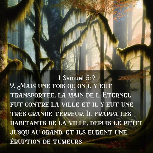 Segond21 1 Samuel  ; image nature: image avec le verset biblique :Mais une fois qu&#039;on l&#039;y eut transportée, la main de l&#039;Eternel fut contre la ville et il y eut une très grande terreur. Il frappa les habitants de la ville, depuis le petit jusqu&#039;au grand, et ils eurent une éruption de tumeurs. ;  ; 5:9