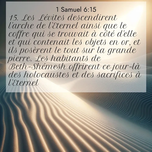 Segond21 1 Samuel  ; image nature: image avec le verset biblique :Les Lévites descendirent l&#039;arche de l&#039;Eternel ainsi que le coffre qui se trouvait à côté d&#039;elle et qui contenait les objets en or, et ils posèrent le tout sur la grande pierre. Les habitants de Beth-Shémesh offrirent ce jour-là des holocaustes et des sacrifices à l&#039;Eternel. ;  ; 6:15