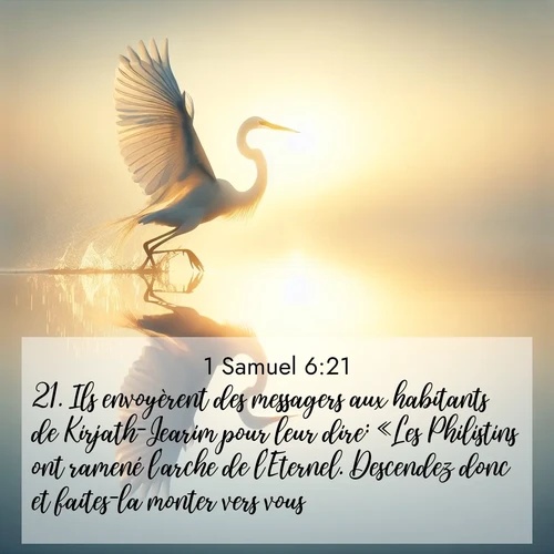 Segond21 1 Samuel  ; image nature: image avec le verset biblique :Ils envoyèrent des messagers aux habitants de Kirjath-Jearim pour leur dire: «Les Philistins ont ramené l&#039;arche de l&#039;Eternel. Descendez donc et faites-la monter vers vous.» ;  ; 6:21