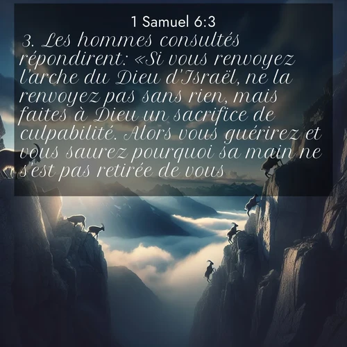 Segond21 1 Samuel  ; image nature: image avec le verset biblique :Les hommes consultés répondirent: «Si vous renvoyez l&#039;arche du Dieu d&#039;Israël, ne la renvoyez pas sans rien, mais faites à Dieu un sacrifice de culpabilité. Alors vous guérirez et vous saurez pourquoi sa main ne s&#039;est pas retirée de vous.» ;  ; 6:3