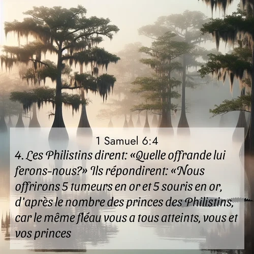 Segond21 1 Samuel  ; image nature: image avec le verset biblique :Les Philistins dirent: «Quelle offrande lui ferons-nous?» Ils répondirent: «Nous offrirons 5 tumeurs en or et 5 souris en or, d&#039;après le nombre des princes des Philistins, car le même fléau vous a tous atteints, vous et vos princes. ;  ; 6:4