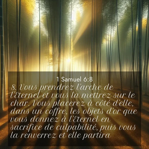 Segond21 1 Samuel  ; image nature: image avec le verset biblique :Vous prendrez l&#039;arche de l&#039;Eternel et vous la mettrez sur le char. Vous placerez à côté d&#039;elle, dans un coffre, les objets d&#039;or que vous donnez à l&#039;Eternel en sacrifice de culpabilité, puis vous la renverrez et elle partira. ;  ; 6:8