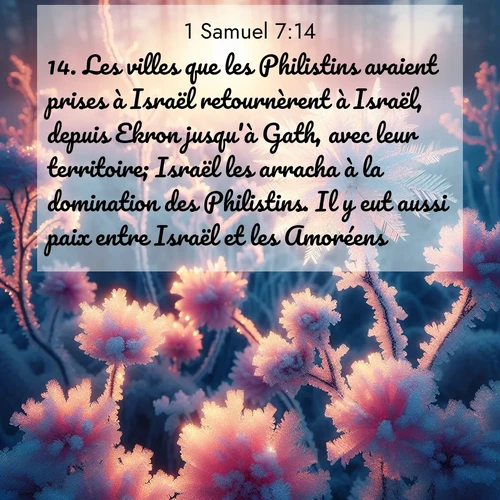 Segond21 1 Samuel  ; image nature: image avec le verset biblique :Les villes que les Philistins avaient prises à Israël retournèrent à Israël, depuis Ekron jusqu&#039;à Gath, avec leur territoire; Israël les arracha à la domination des Philistins. Il y eut aussi paix entre Israël et les Amoréens. ;  ; 7:14