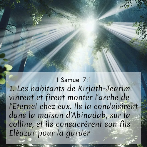 Segond21 1 Samuel  ; image nature: image avec le verset biblique :Les habitants de Kirjath-Jearim vinrent et firent monter l&#039;arche de l&#039;Eternel chez eux. Ils la conduisirent dans la maison d&#039;Abinadab, sur la colline, et ils consacrèrent son fils Eléazar pour la garder. ;  ; 7:1
